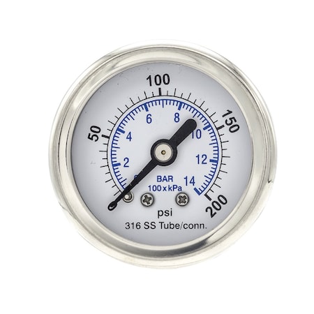 Pro 1 1/2 in Dial, 0/200 PSI & Bar, 1/8 in NPT, Back Mount Glycerin Filled Pressure Gauge PRO-302L-158G-01